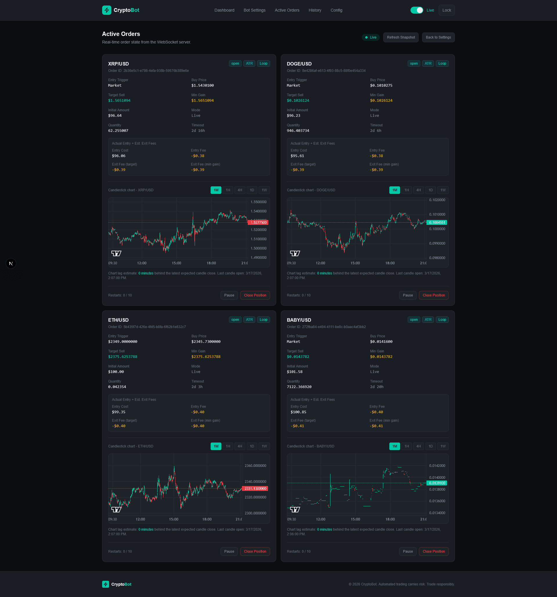 CryptoBot active orders screen with live positions and controls
