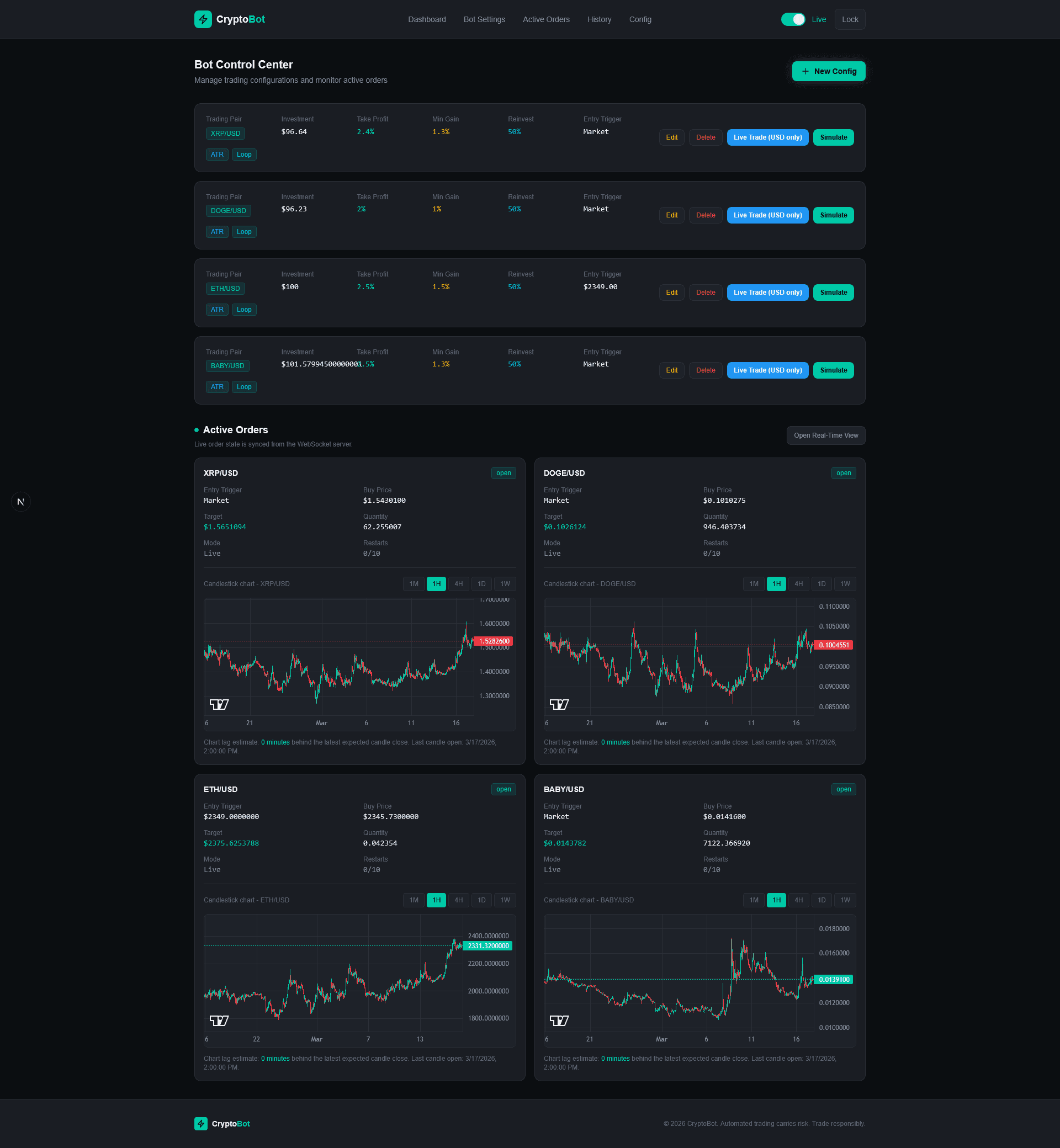 CryptoBot settings screen for trading rules and risk controls