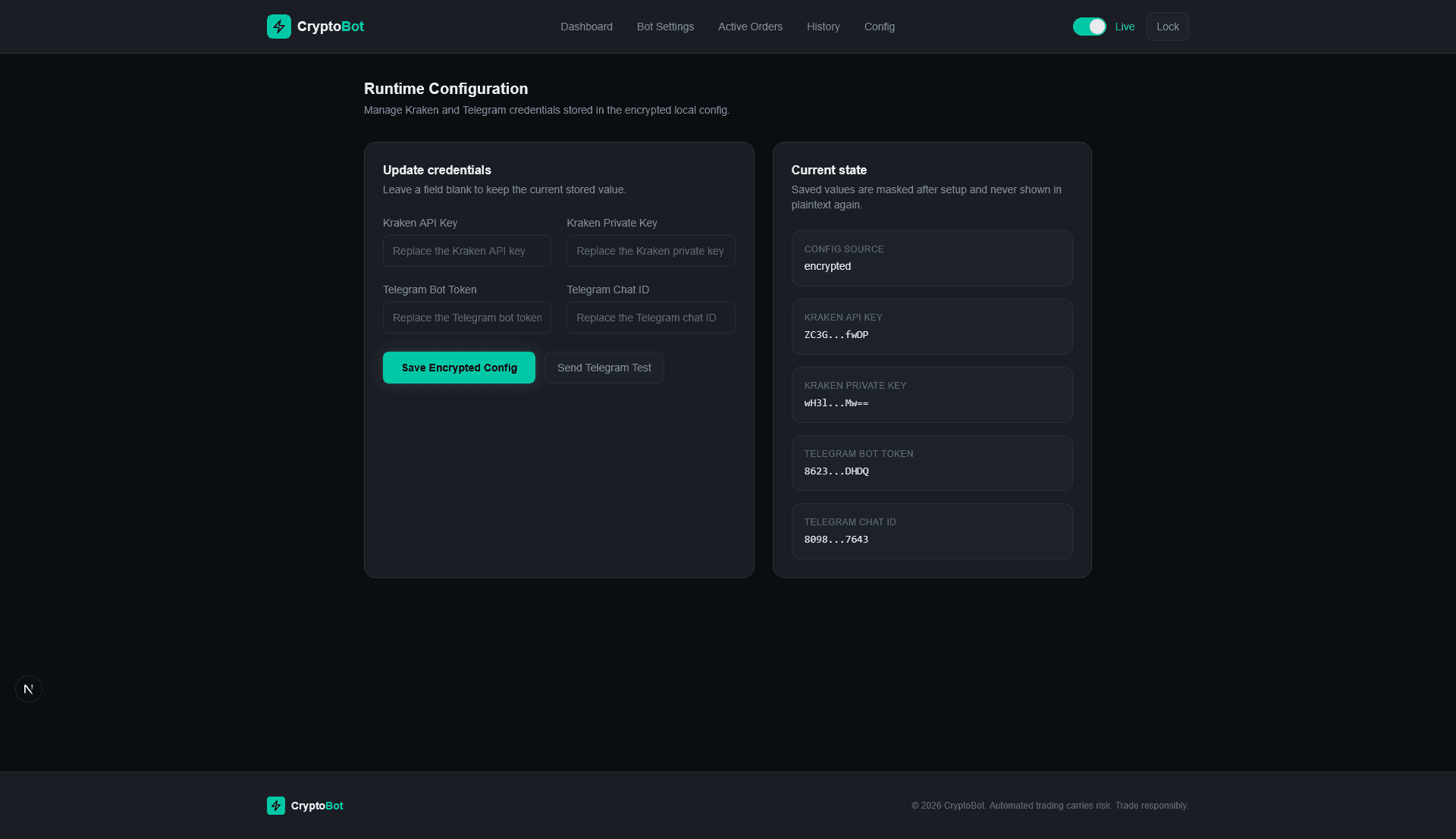 CryptoBot config screen for local runtime settings