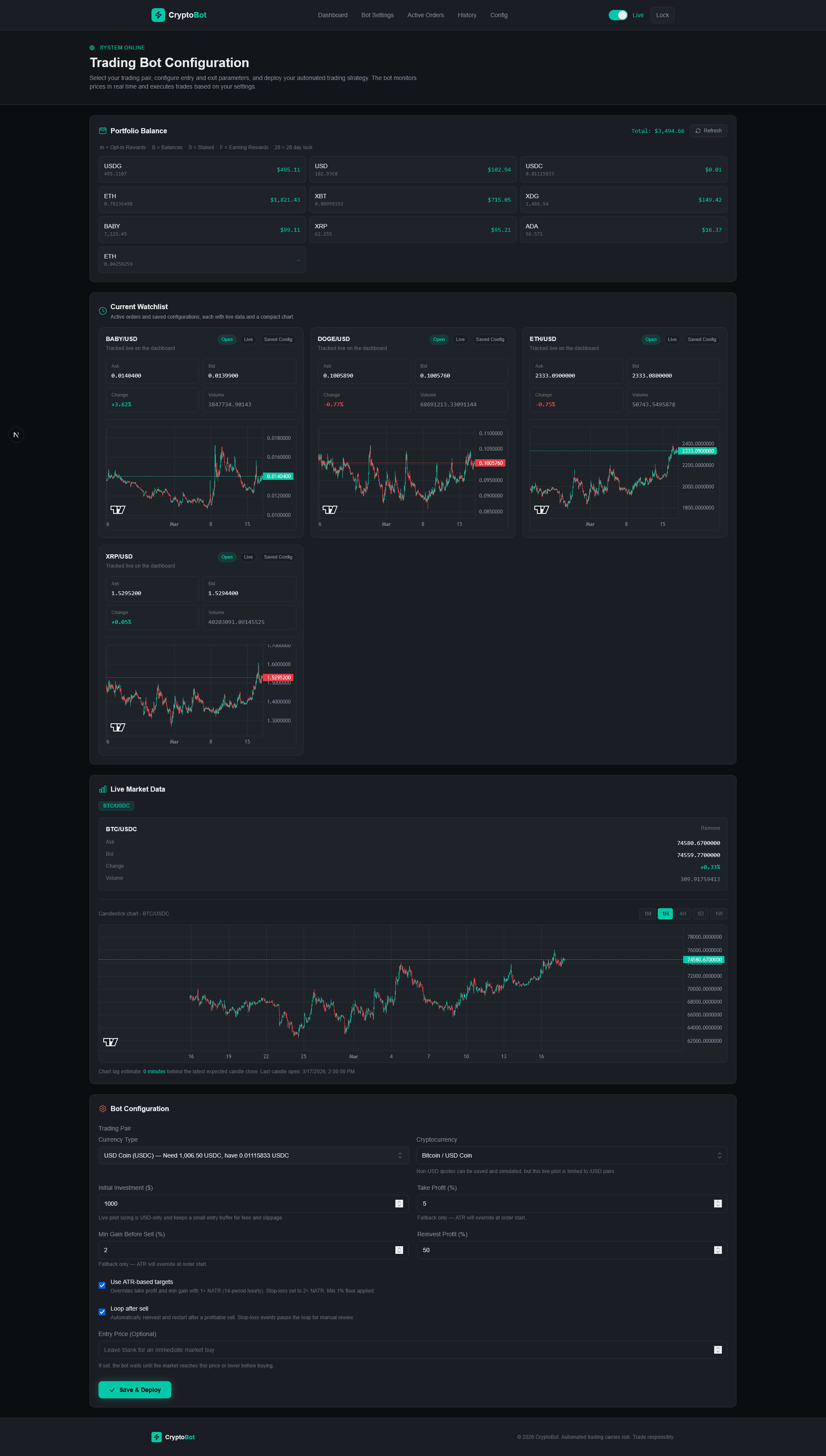 CryptoBot dashboard with balances, ticker data, and trading controls