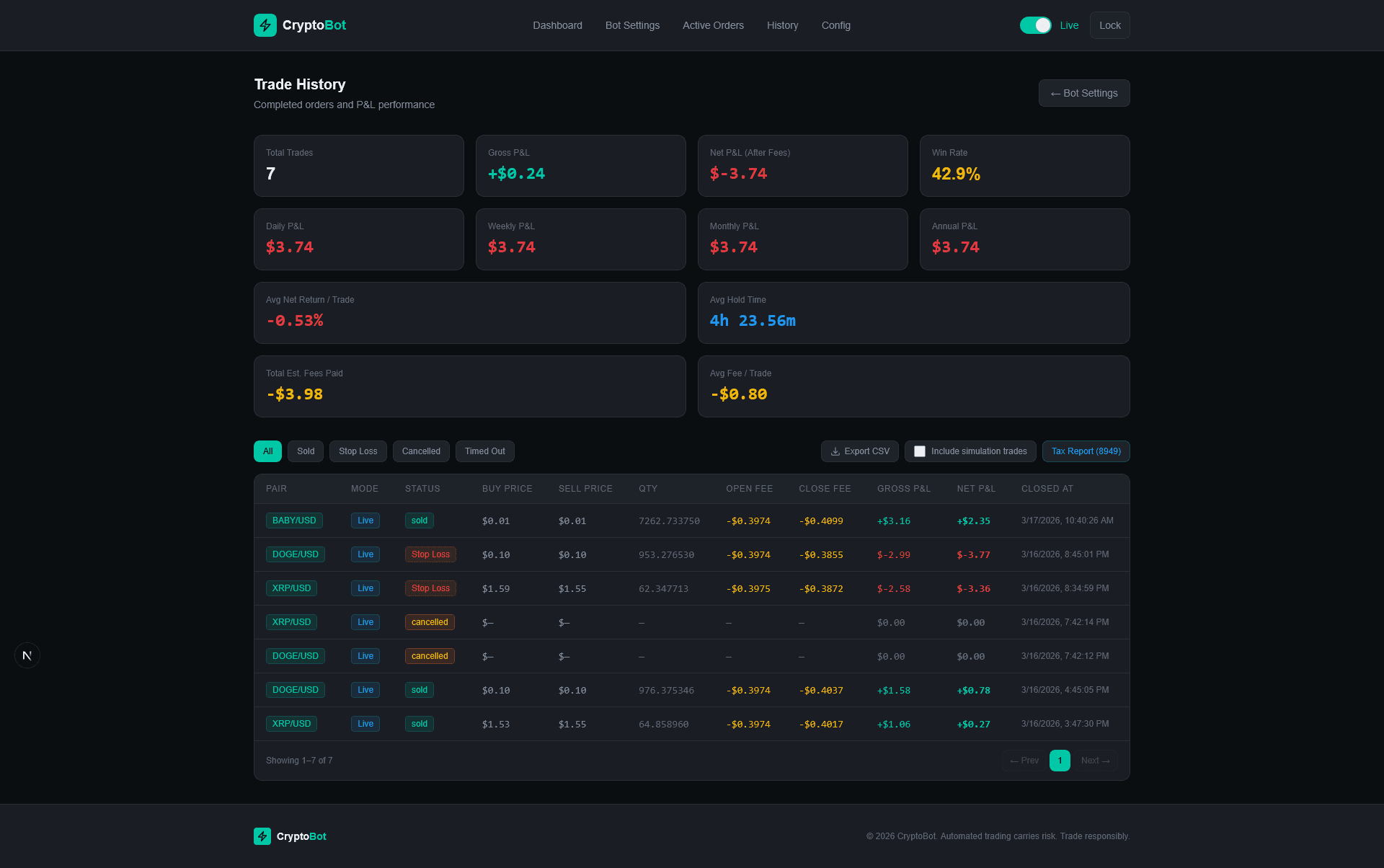 CryptoBot trade history and reporting screen